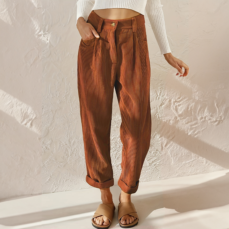 Pantalon taille haute en velours côtelé pour femmes | Confort